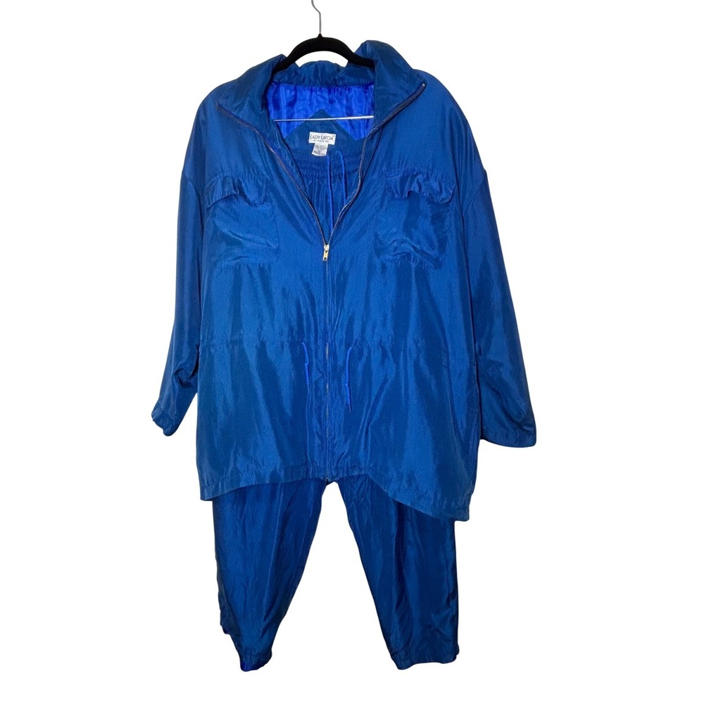 Lady Lavon Vintage 100% Silk Tracksuit Set Royal Blue Jacket Pants Womens 1X